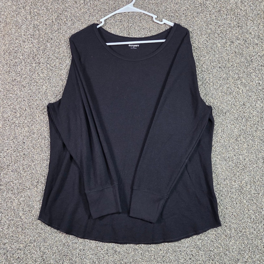 Old Navy‎ Thermal Top Women 2X Black Waffle Knit Long Sleeve Crew Neck Shirt